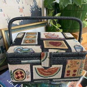 Vintage Tapestry Sewing Basket with Fruit & Kitchen Motif - Black Trim